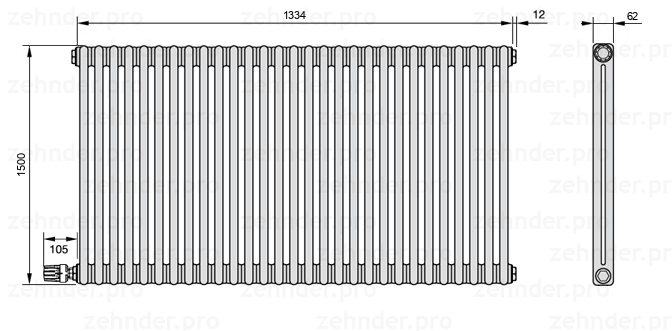 Схема (чертеж) Радиатор Zehnder Charleston 2150/29 №V003 Белый глянцевый RAL 9016